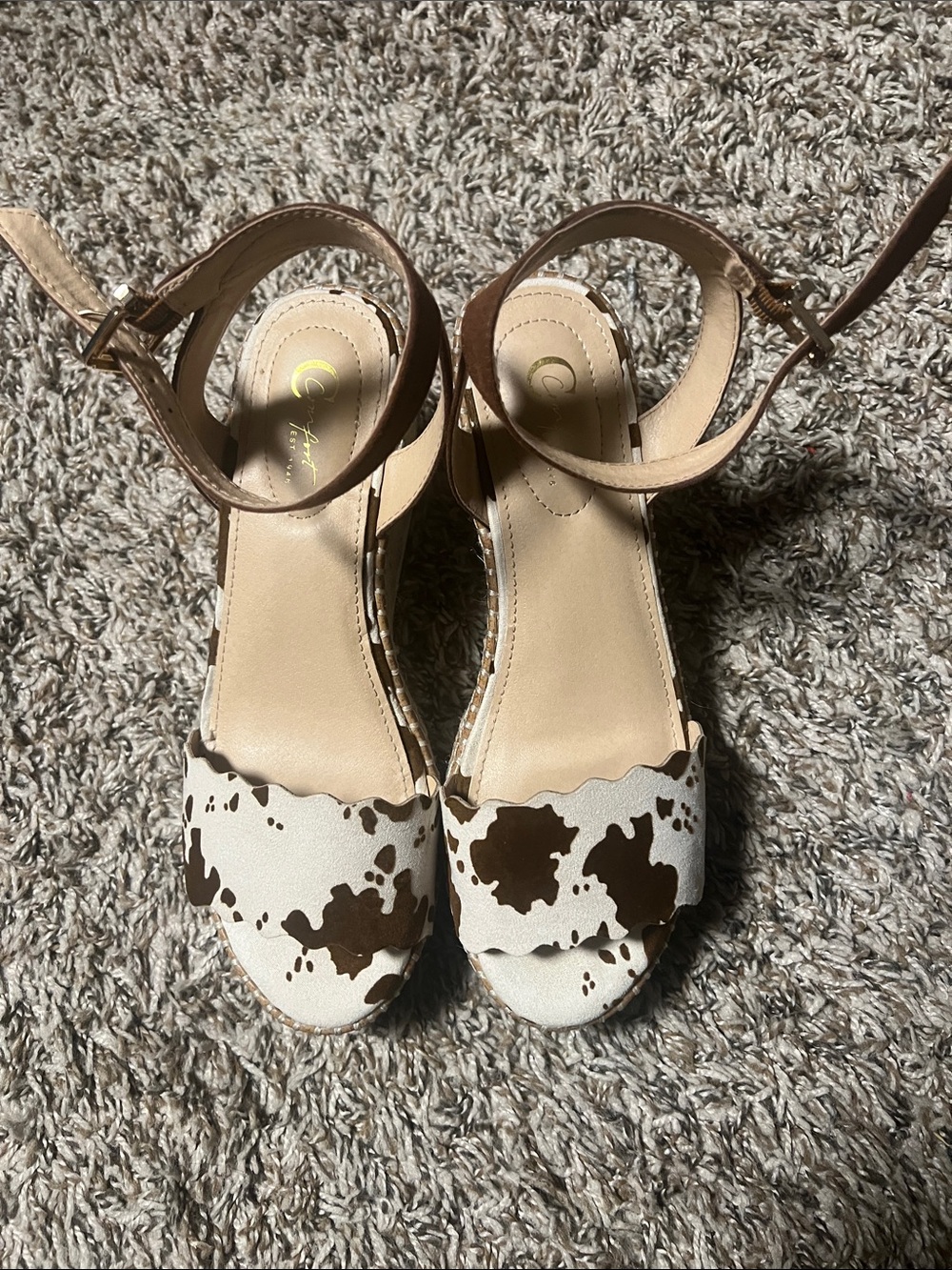 Cow-Print Ankle-Strap Platform Sandals - Brown & White